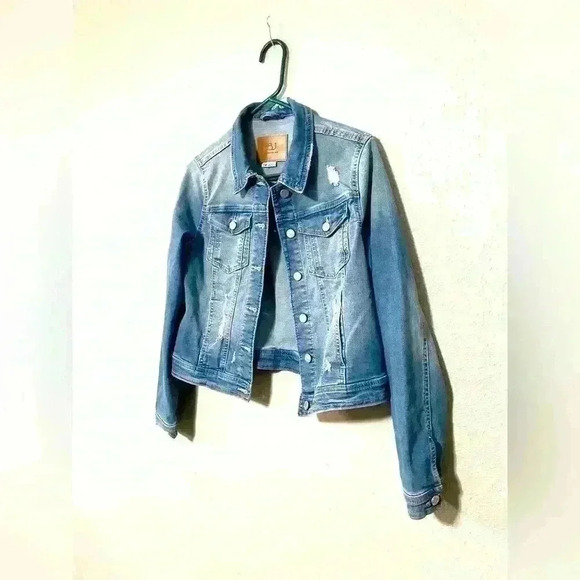BBJ Los Angeles Distressed Cropped Denim Jean Jacket Size M Y2K Streetwear - Picture 5 of 8